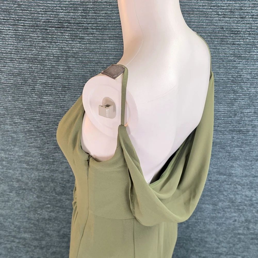 David's Bridal Chiffon Cowl Back V-neck Sheath Dress Martini Olive Color - Picture 10 of 14